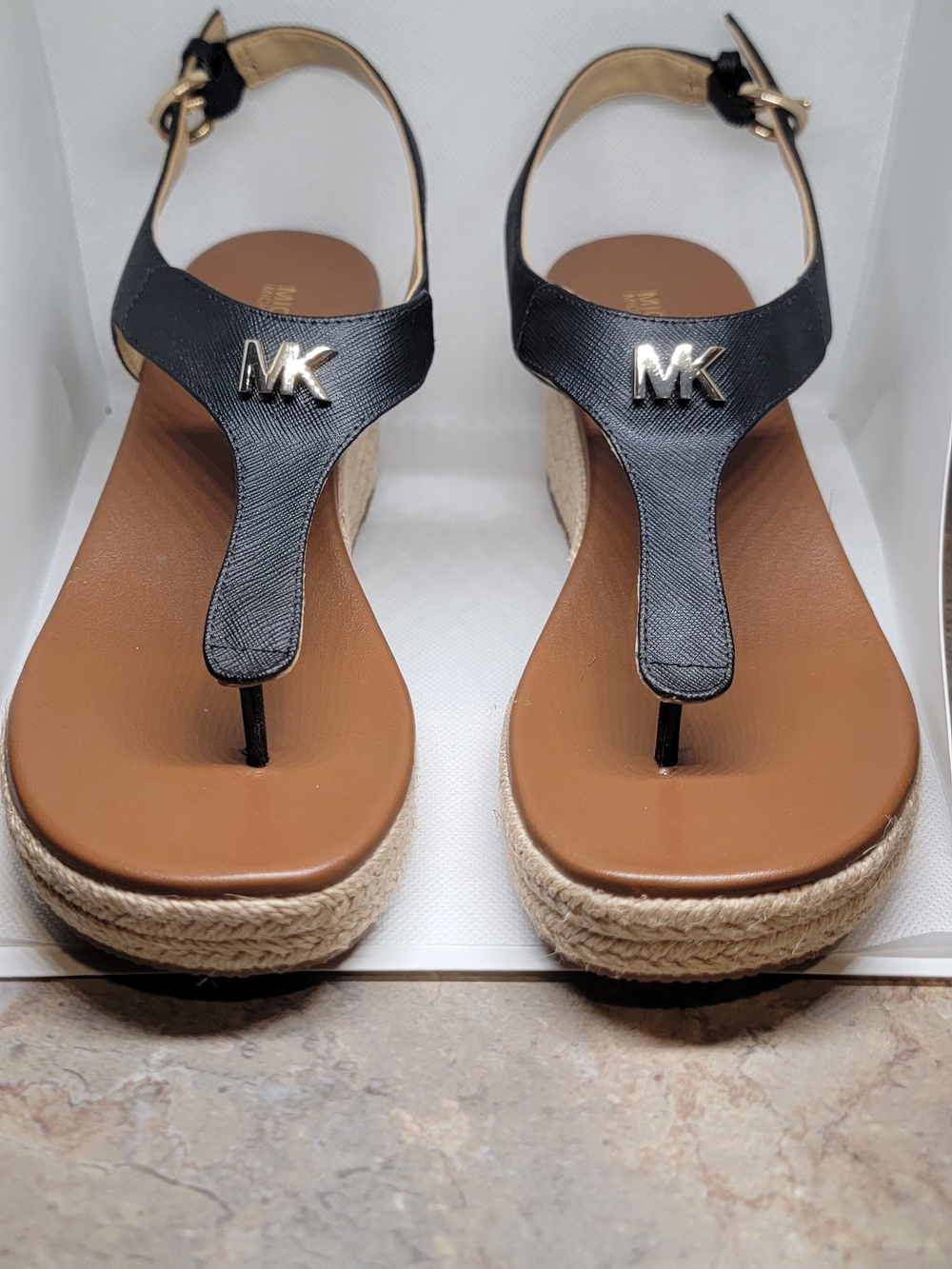 Michael Kors Black Leather T-Strap Espadrille Wedges with Brown Footbed
